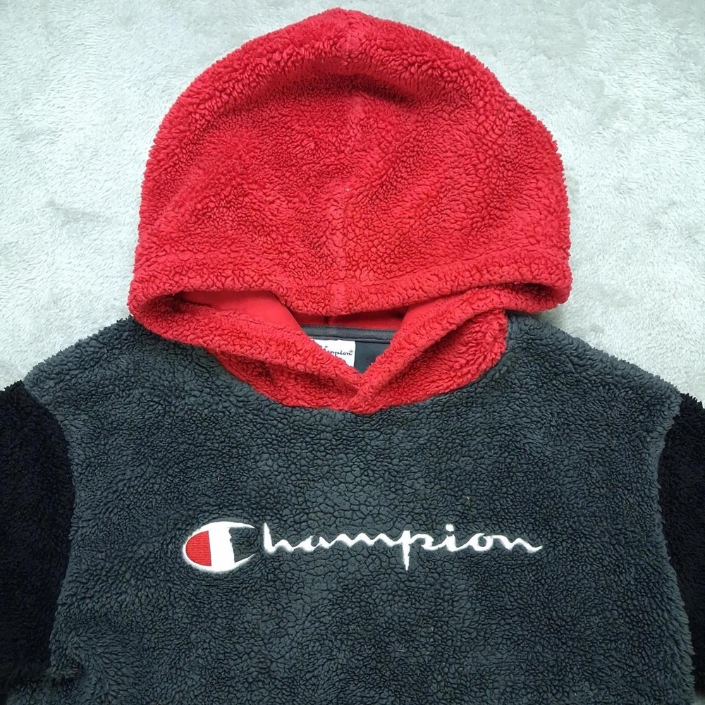 Champion Boys Sherpa Fleece Hoodie Gray Black Red Colorblock Pullover L 14/16 - Picture 4 of 8
